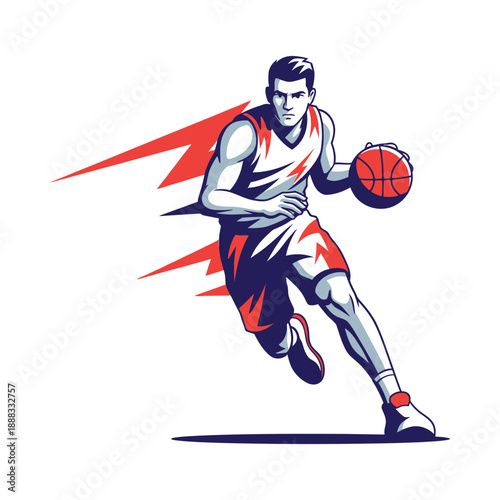 Basketball player dribbling vector illustration, dynamic pose with speed lines, modern sports graphic design