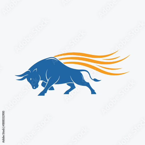 Blue bull with orange fiery streaks on white background