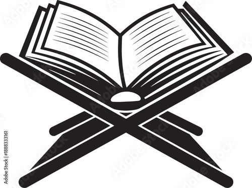 Open book on a black wooden stand with white pages and black lines