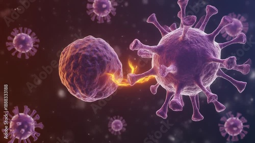 T-Cell Attacking a Virus Particle in Microscopic View