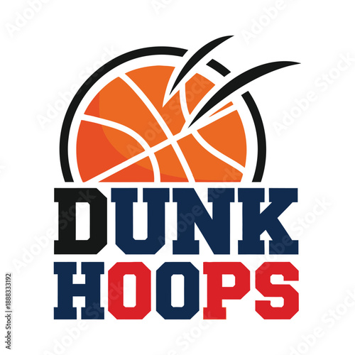 Dunk hoops basketball logo with stylized ball and speed marks on white