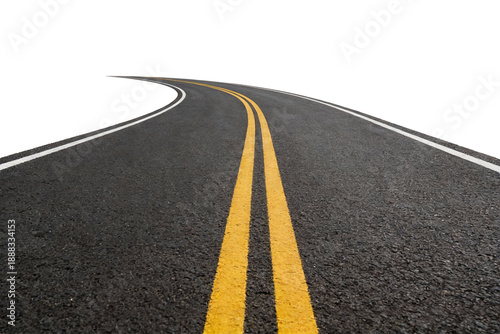 Asphalt road with yellow and white markings, curving into the distance, showcasing perspective and transportation infrastructure for travel and commuting.