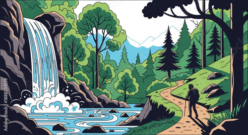 Hiker on a winding trail approaching a serene waterfall in a lush green forest with trees and a mountain range in the background at daytime