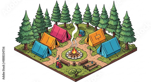 Colorful tents gathered around campfire in forest clearing with tall trees