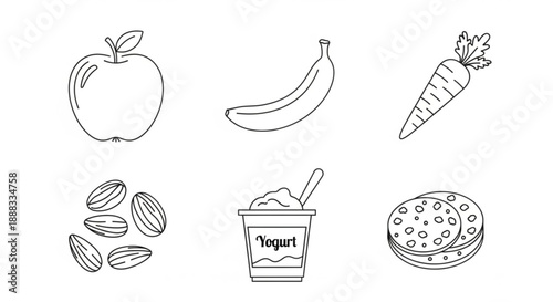 Healthy food icons set including apple banana carrot nuts yogurt and pizza