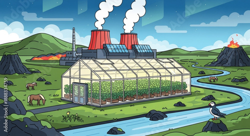 Sustainable greenhouse surrounded by nature with industrial pollution nearby