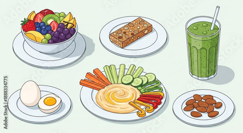 Healthy food assortment with fruits vegetables nuts and smoothies on plates