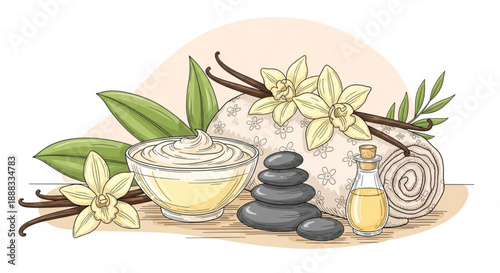 Relaxing spa still life with natural skincare products and stones on wooden surface