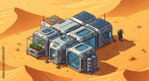 Futuristic desert habitat modules with solar panels and astronaut sandy terrain background
