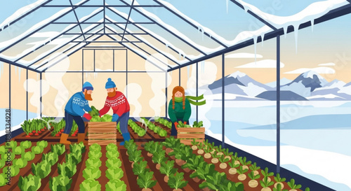 Farmers harvesting fresh produce in snowy greenhouse with mountains