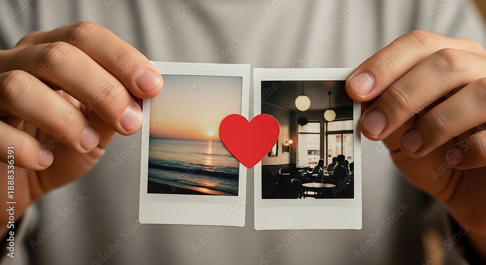 Obraz premium Hands holding two instant photos a peaceful ocean sunset and a cozy cafe, with a red heart symbolizing cherished memories, love, and diverse life experiences shared