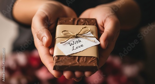 Hands tenderly presenting a beautifully wrapped chocolate bar, adorned with a 'With Love' tag, symbolizing affection and a sweet gesture of appreciation