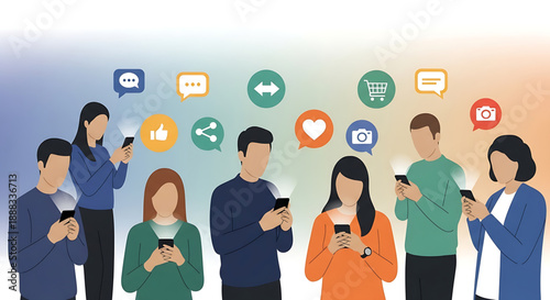 Group of people using mobile devices and interacting with various social media icons in a modern digital environment from a straightforward viewpoint