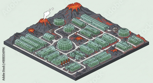 3d isometric illustration of futuristic greenhouse complex with volcanic landscape background