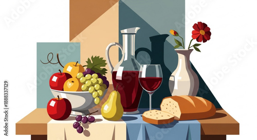 Still life with fruit wine bread and flowers on a table indoors