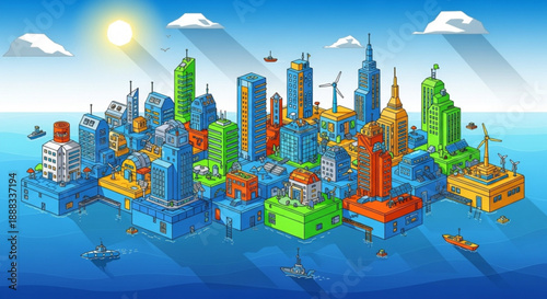 Vibrant futuristic cityscape floats on water with skyscrapers boats and sunny sky