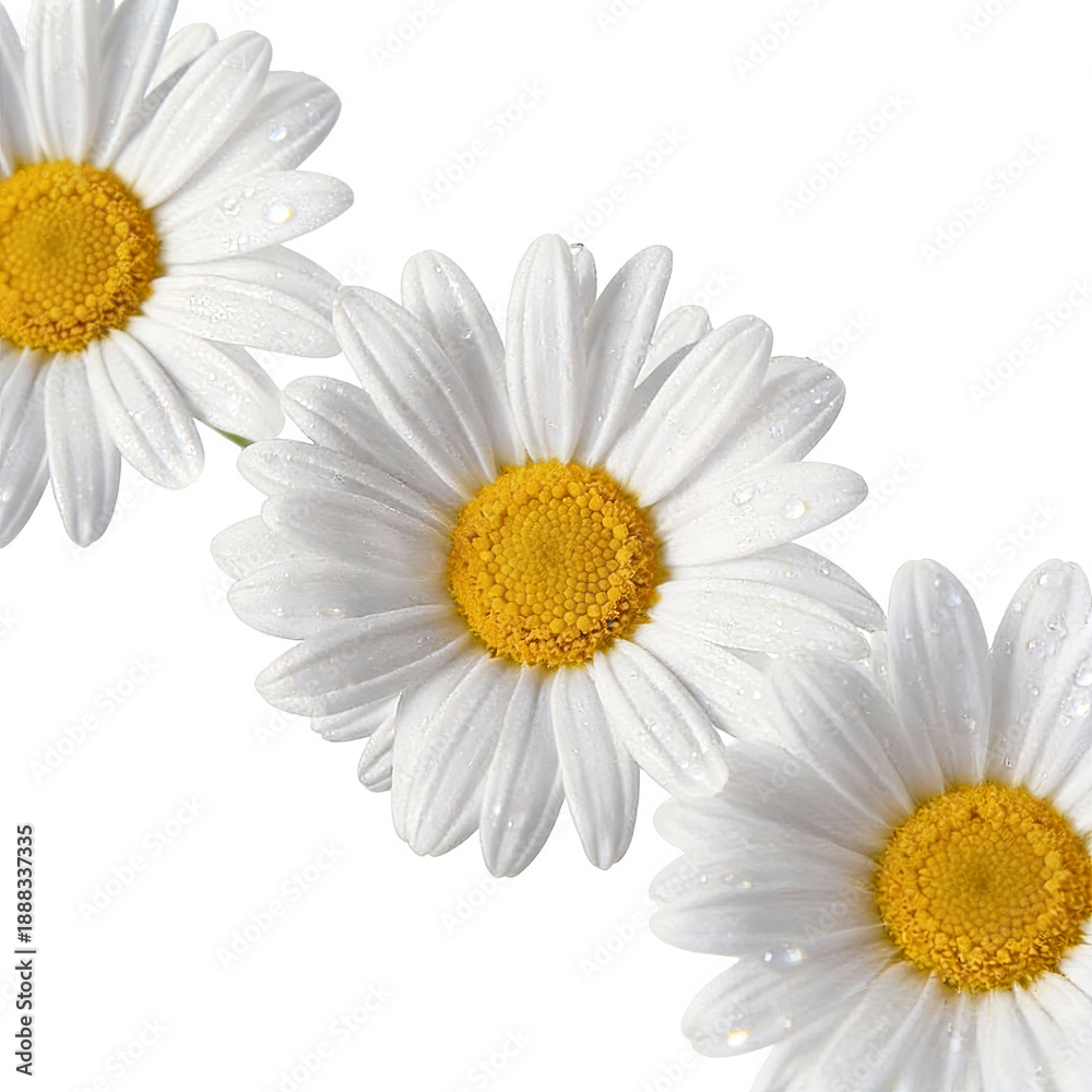 Fototapeta premium Three white daisies with yellow centers adorned by water droplets, showcasing delicate petals and vibrant natural beauty against a clean white background.