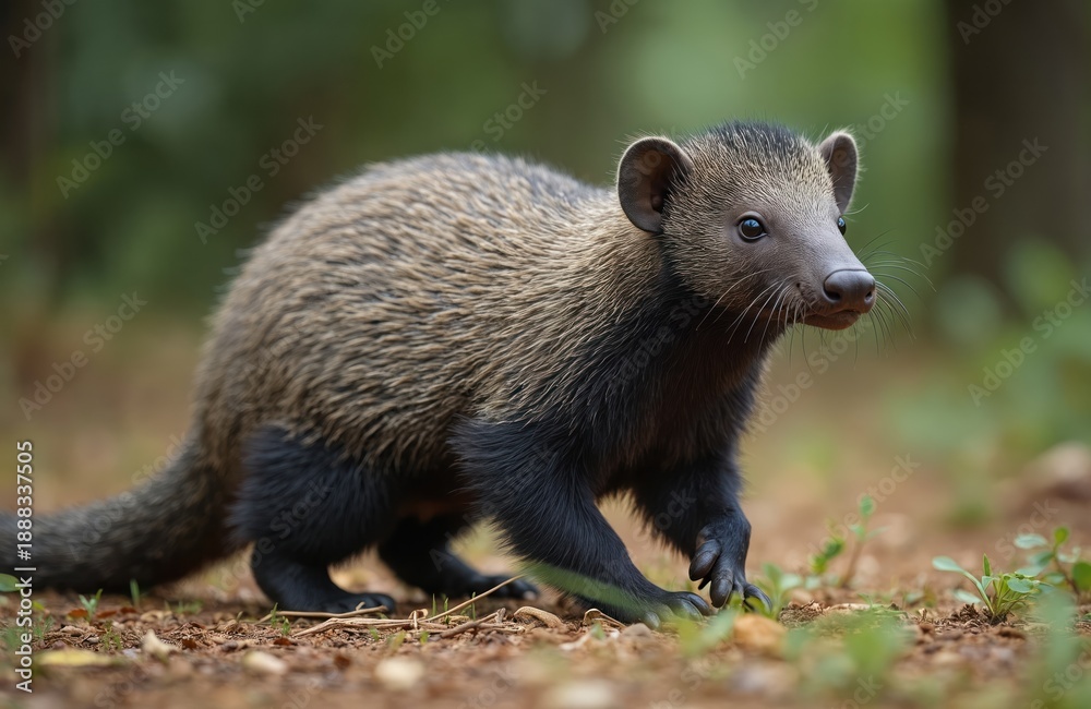 Fototapeta premium Small forest creature walks on forest floor. Animal grey fur, dark legs. Wildlife mammal in natural habitat, shallow depth of field. Cute bushy tailed animal moves through leaves. Focus on furry