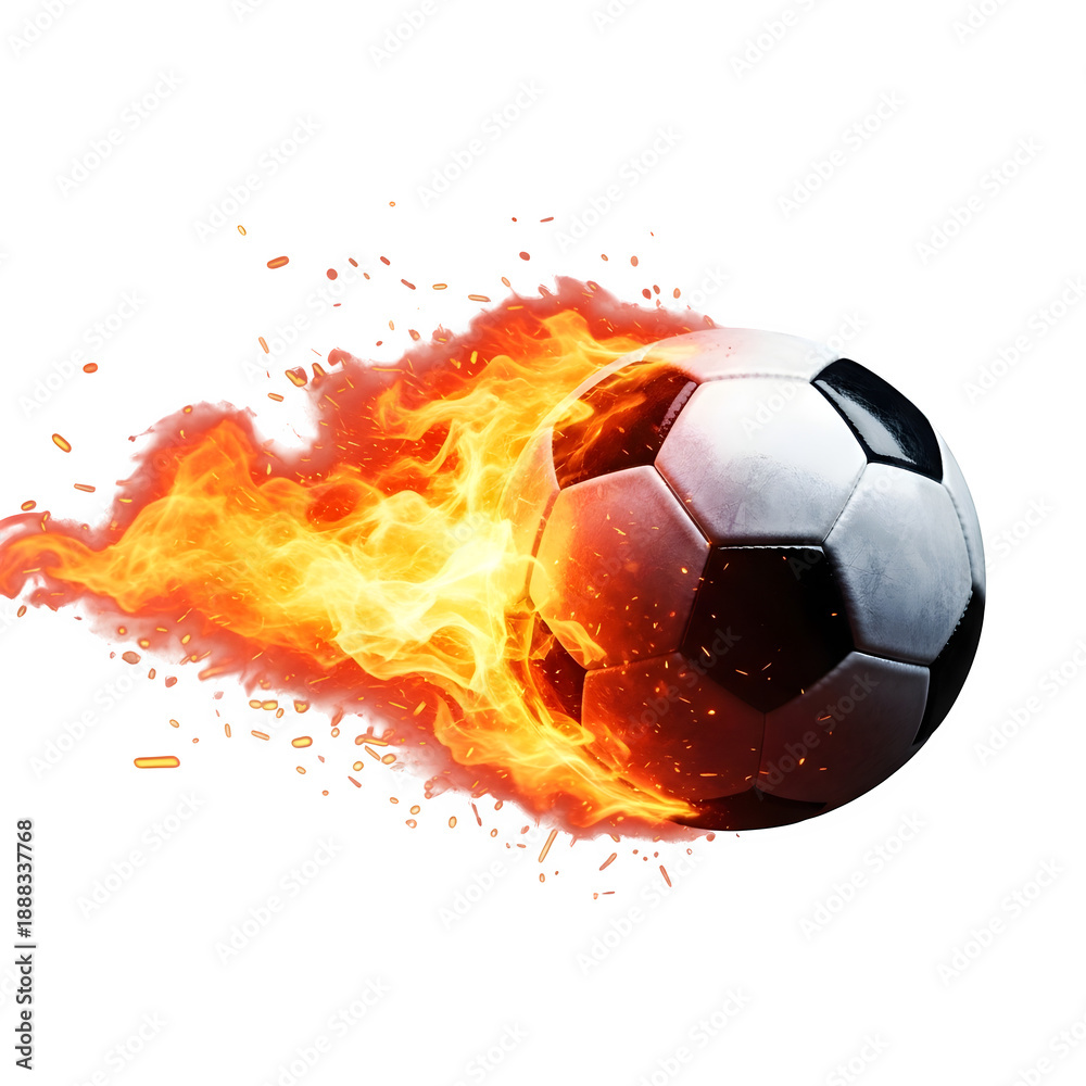 Fototapeta premium A soccer ball on fire isolated on transparent background