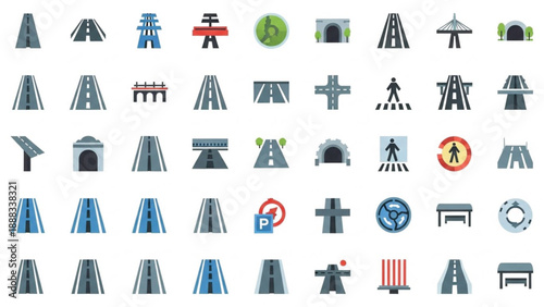 A comprehensive set of flat design vector icons depicting various road types, transportation infrastructure, and traffic signs.