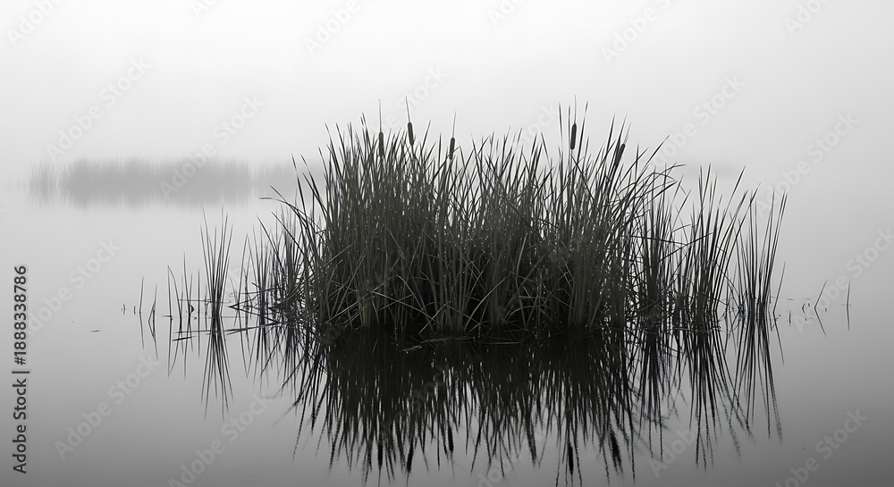 Fototapeta premium Black and White Reed Plants in Calm Water.
