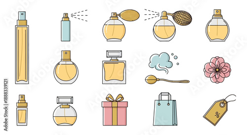 Collection of various perfume bottles, fragrance accessories, and related items in a charming line art style.