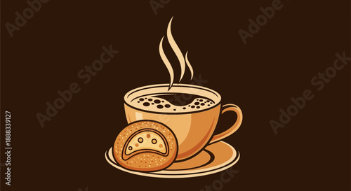 A warm, steaming cup of coffee with a delicious cookie on a saucer, presented in a cozy, illustrative style against a dark brown background.