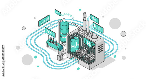Futuristic industrial factory with advanced technology and digital displays.