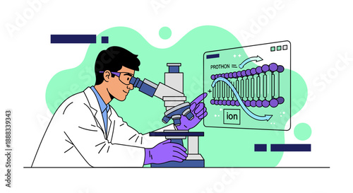 Scientist examining DNA structure with microscope in laboratory.