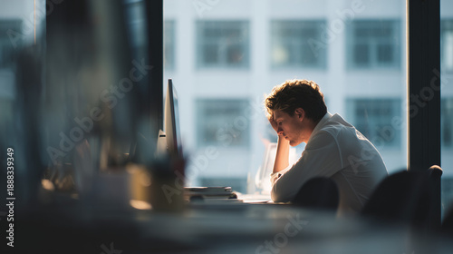 A realistic portrait of a burned-out male office employee sitting alone at his desk, leaning his head on his hand with an exhausted expression in a modern corporate workspace.
