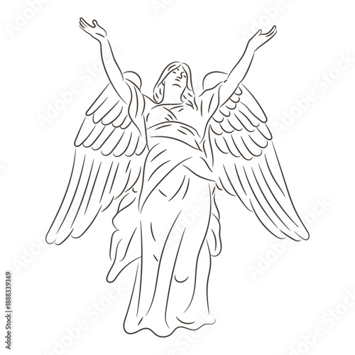 Spiritual Winged Angel Line Art Drawing with Raised Arms