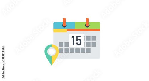 Calendar illustration with marked date and location pin symbolizing event scheduling and planning on a clean white background from a straightforward viewpoint