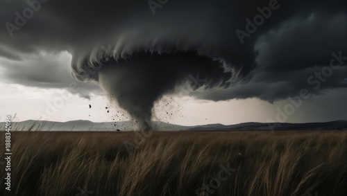 Massive Tornado Storm Over Open Field.