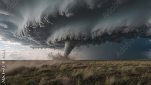Massive Tornado Storm Over Open Field.