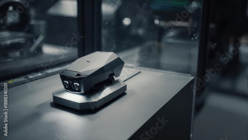 Modern Camera Displayed on a Metallic Surface in a Museum.