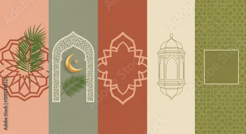Ramadan Decorative Islamic Patterns and Lanterns in Elegant Color Panels, Graphic Design, Modern Cultural Art, Flat View