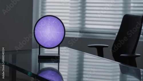Modern Office Desk with Purple Illuminated Device and Chair.