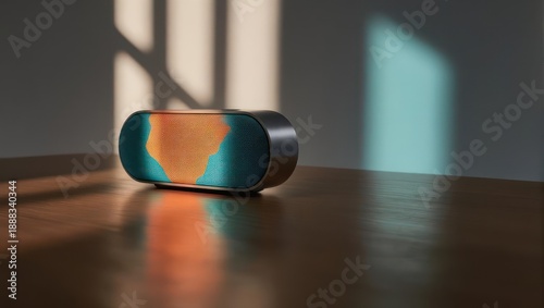 Modern portable speaker on a wooden surface with artistic design.