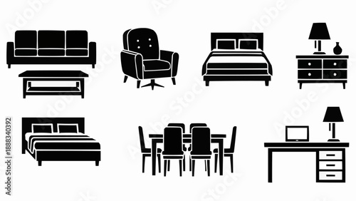 Collection of modern furniture icons for home and office.