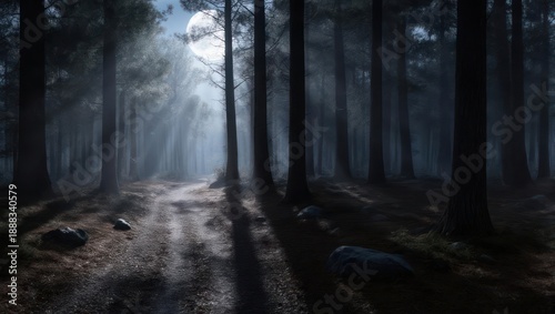 Mysterious Moonlit Forest Path with Eerie Shadows and Fog.