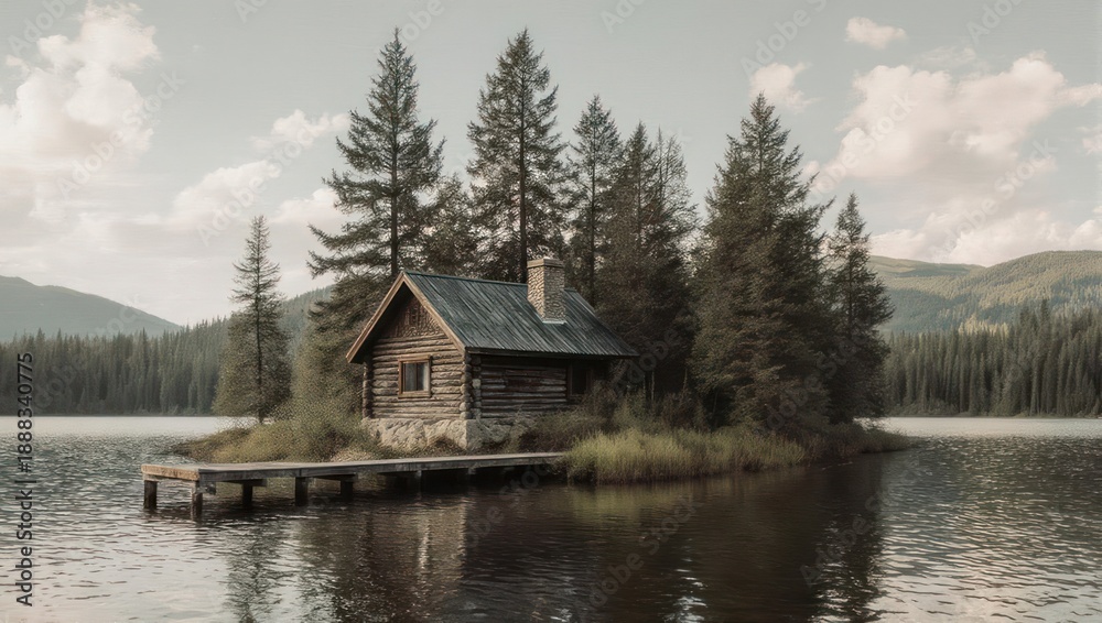 Fototapeta premium Rustic Cabin on a Small Island Surrounded by Calm Water and Pine Trees.