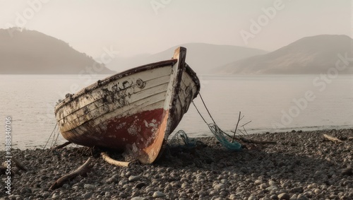 Old wooden fishing boat resting on a rocky beach at sunset with mountains in the background.