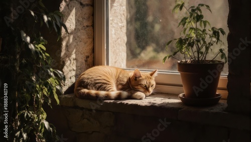 Orange cat sleeping peacefully on a sunlit windowsill next to a potted plant.