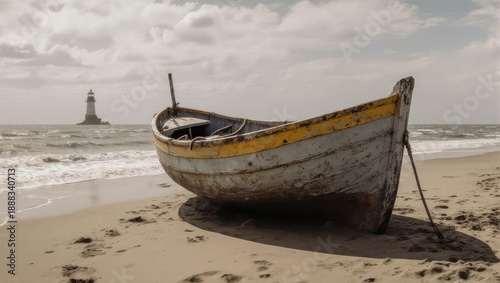 Old wooden boat resting on sandy beach with lighthouse in distance.
