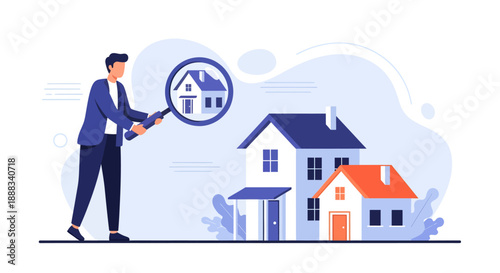 Man in suit examining homes with magnifying glass, inspecting properties and houses with detailed illustration