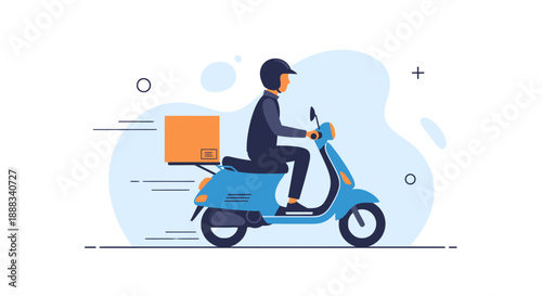 Delivery person riding a scooter with a package viewed from the side in a modern urban setting