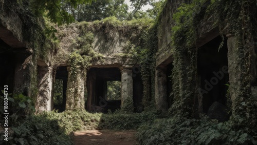 Overgrown ancient ruins reclaimed by lush jungle vegetation.