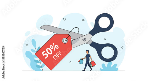 Man walking with shopping bags near giant scissors cutting a red discount tag with fifty percent off in a promotional scene