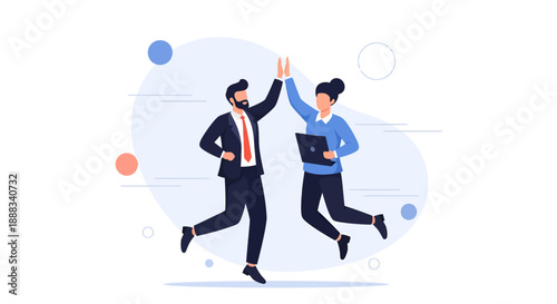 Two business professionals celebrating success together in a modern office environment from a dynamic viewpoint.