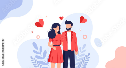 Illustration of a romantic couple embracing surrounded by hearts and leaves in a whimsical environment from a front viewpoint